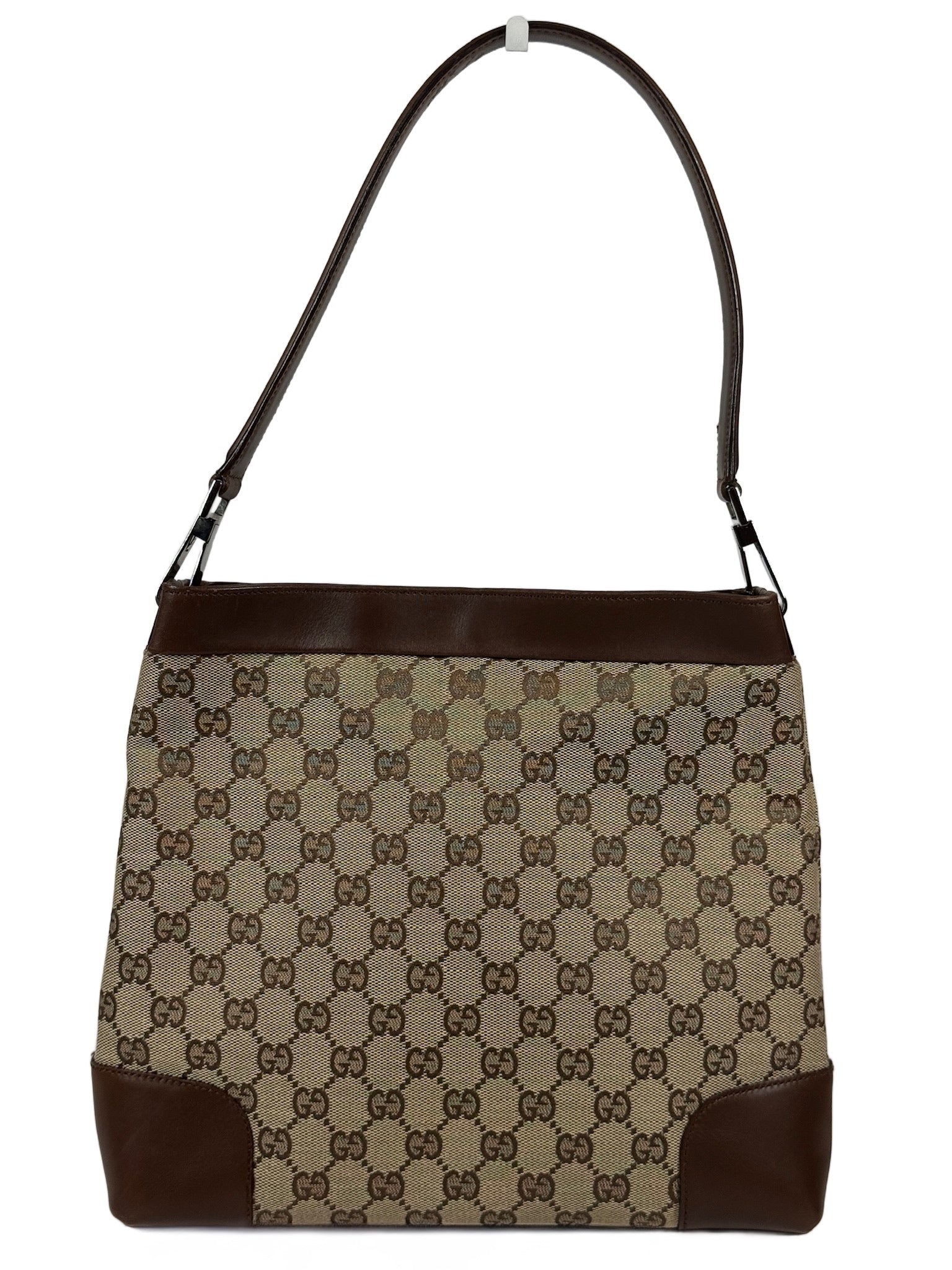 Gucci Vintage Brown GG Monogram Canvas Leather Trim Structured Hobo Shoulder Bag
