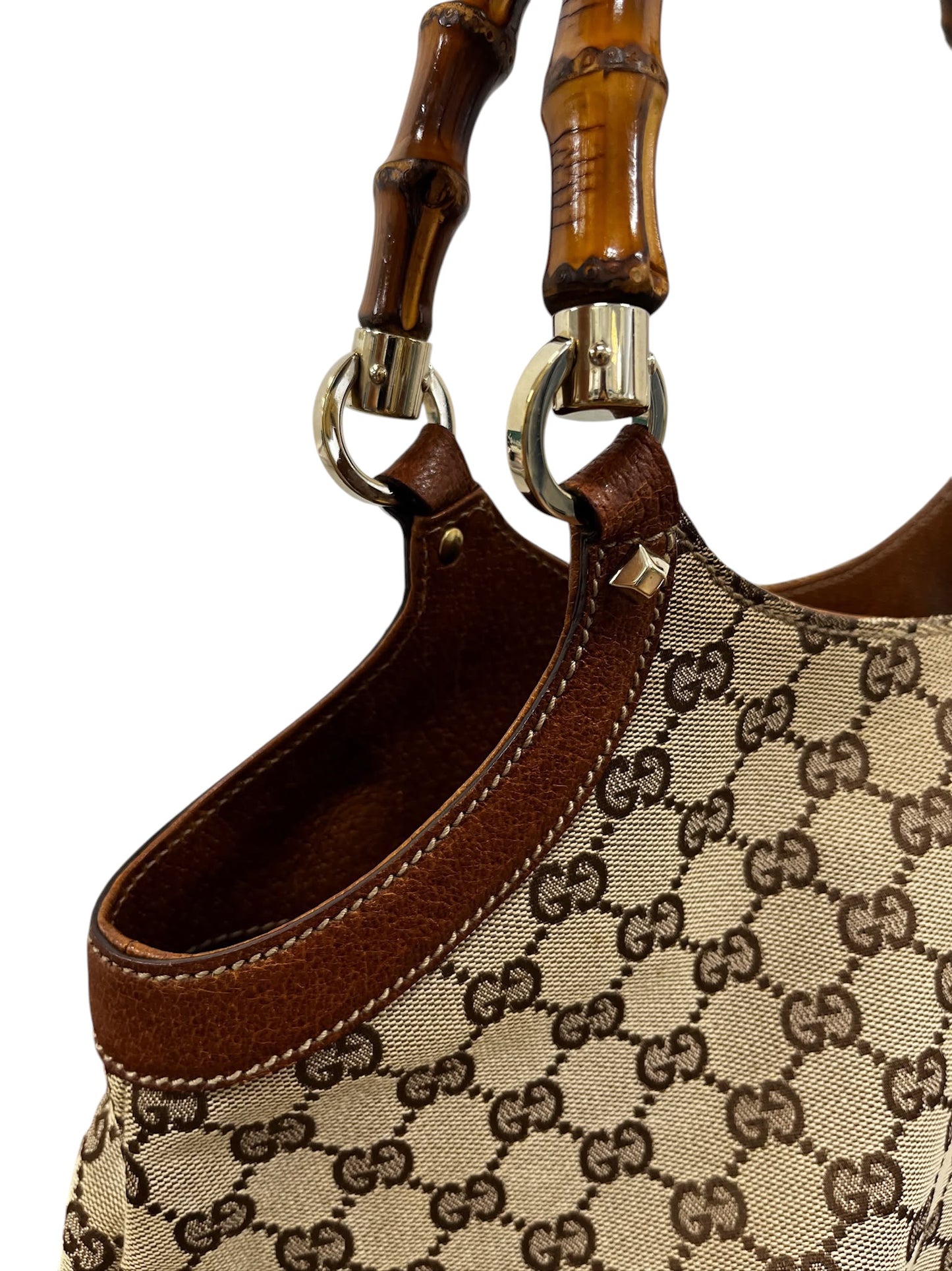 Gucci Vintage Brown GG Monogram Medium Bamboo Handle Shoulder Bag