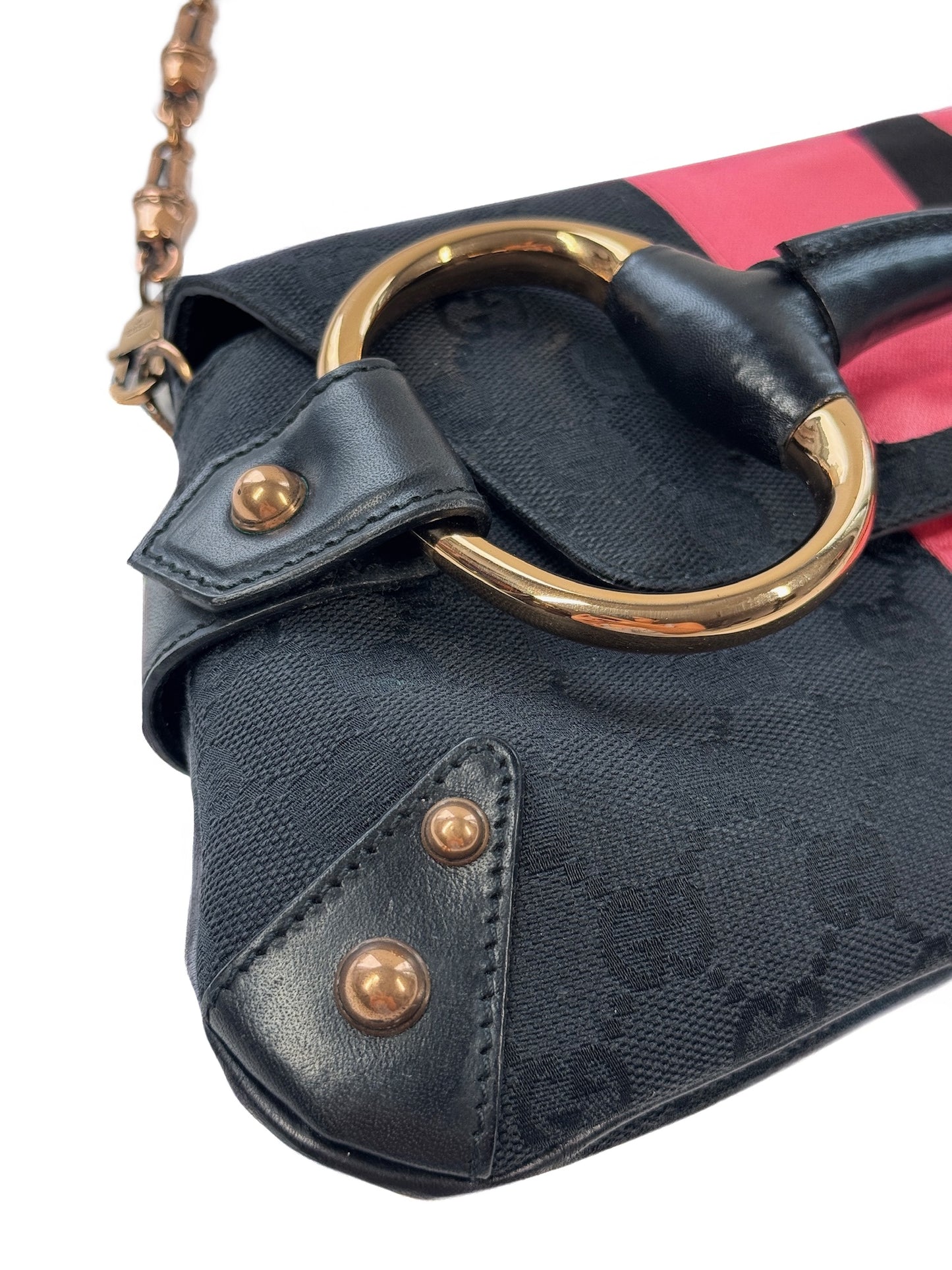 Gucci Vintage Black GG Monogram Gold Horsebit Pink Satin Striped Bamboo Chain Large Shoulder Clutch Bag