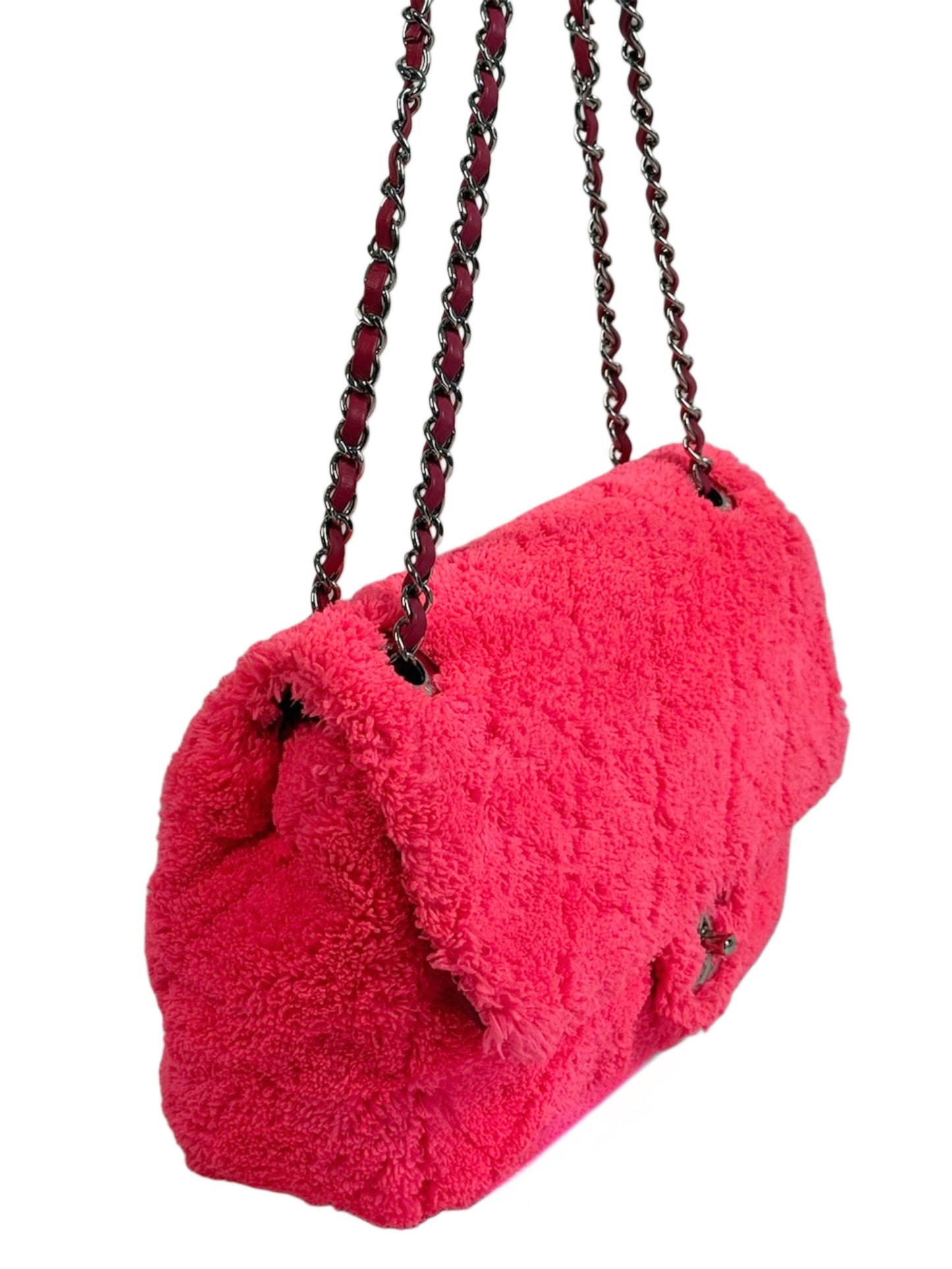 Chanel 2019 Neon Pink Terry Cloth Medium Shoulder Flap Bag