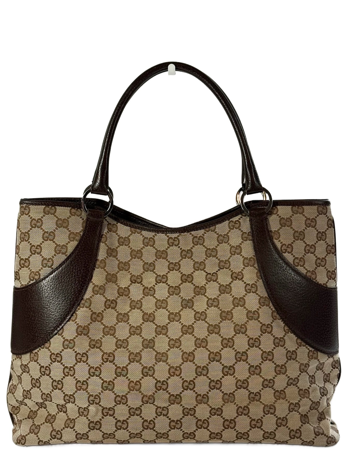 Gucci Vintage Brown GG Monogram Brown Leather Trim Top Large Shoulder Tote Bag