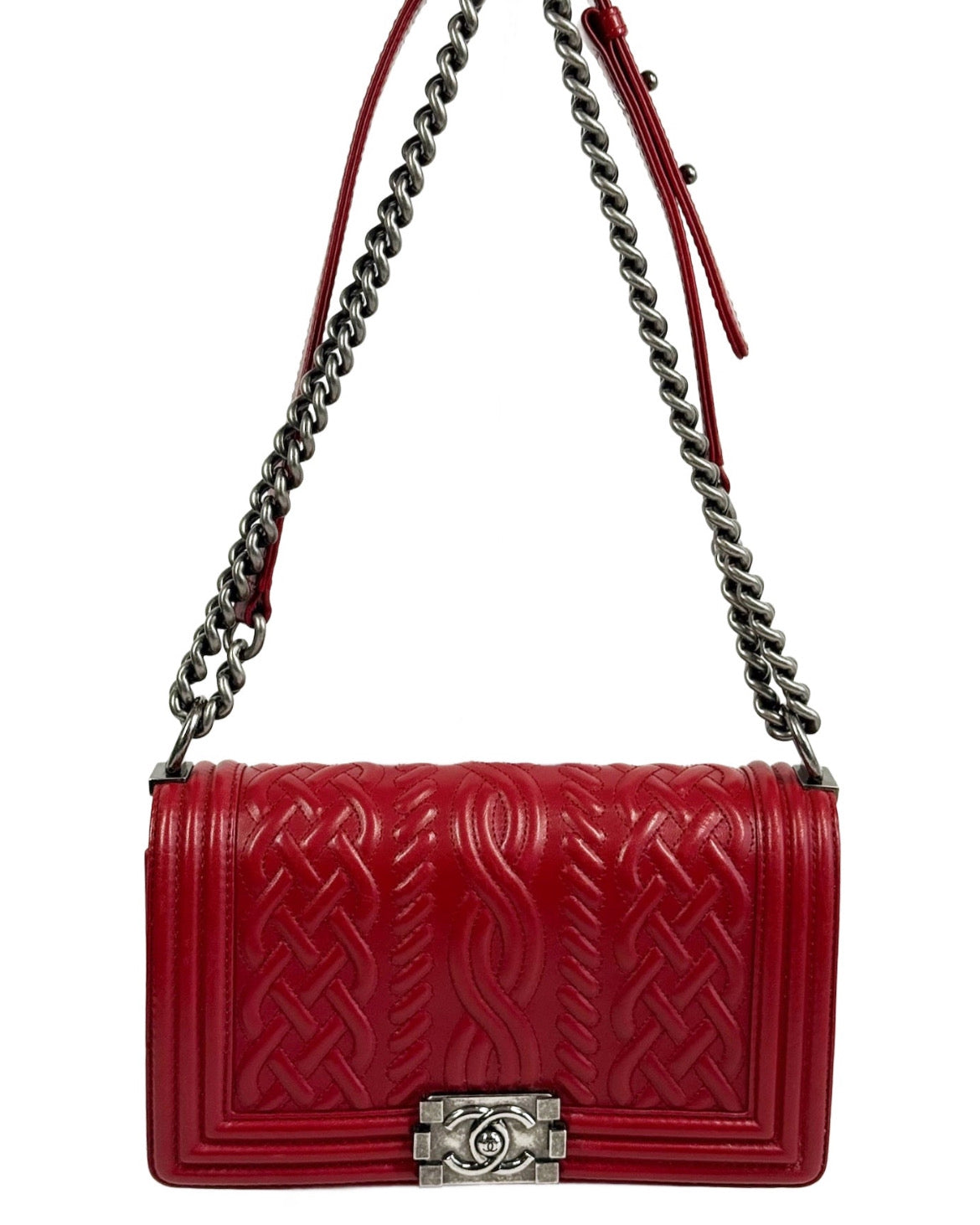 Chanel Red Sweater Lambskin Leather Medium Le Boy Shoulder Flap Bag