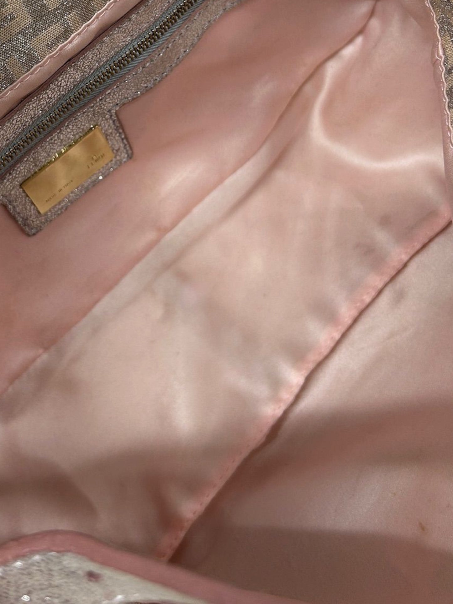 Fendi Vintage Metallic Pink Zucchino Zucca Monogram Double Flap Shoulder Baguette Bag