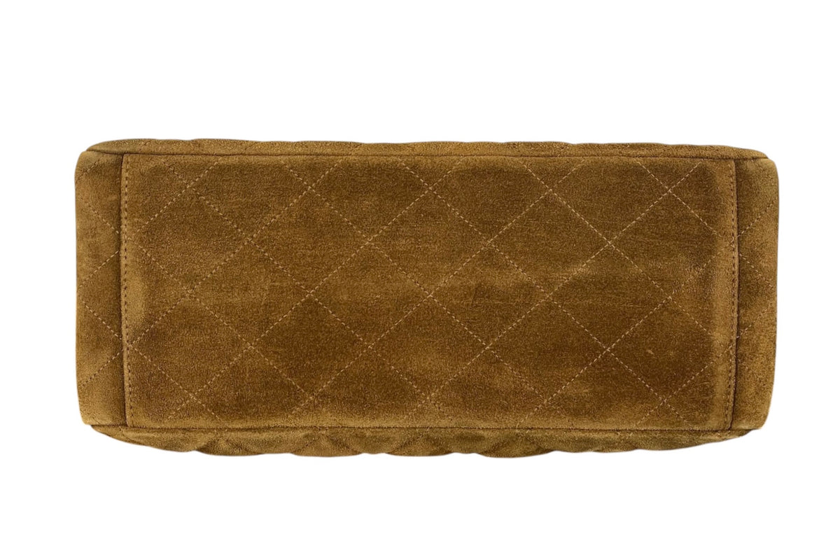 Chanel Vintage 90s Light Brown Quilted Suede Medium Kelly Shoulder Bag with 24K