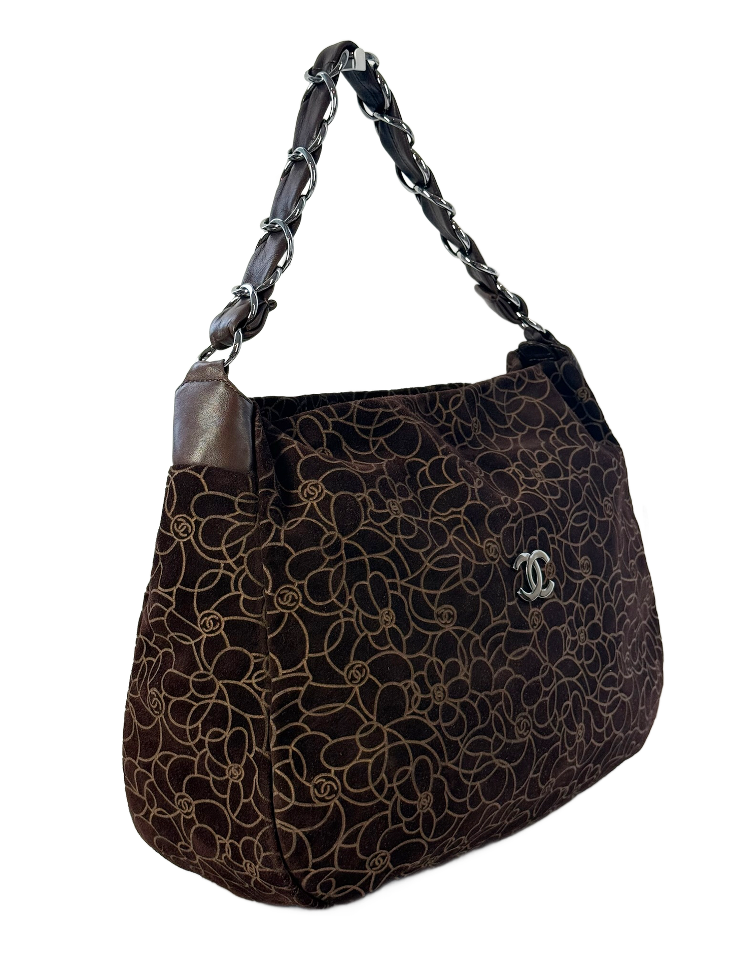Chanel Vintage 00s Brown Suede Camellia Embossed Hobo