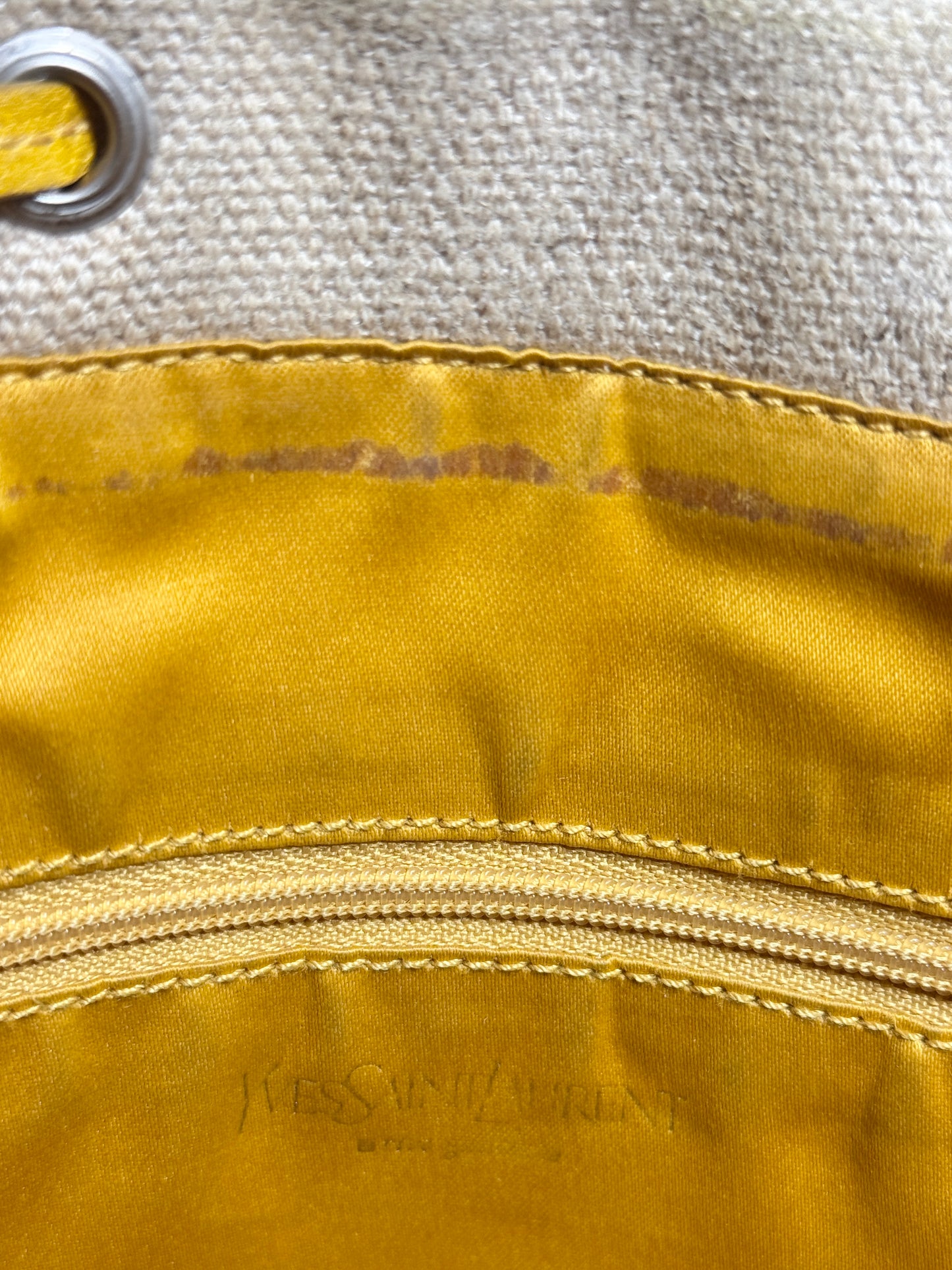 YSL / Yves Saint Laurent Vintage Yellow Leather & Canvas Heart Embellished Mini / Small Shoulder Tote Bag