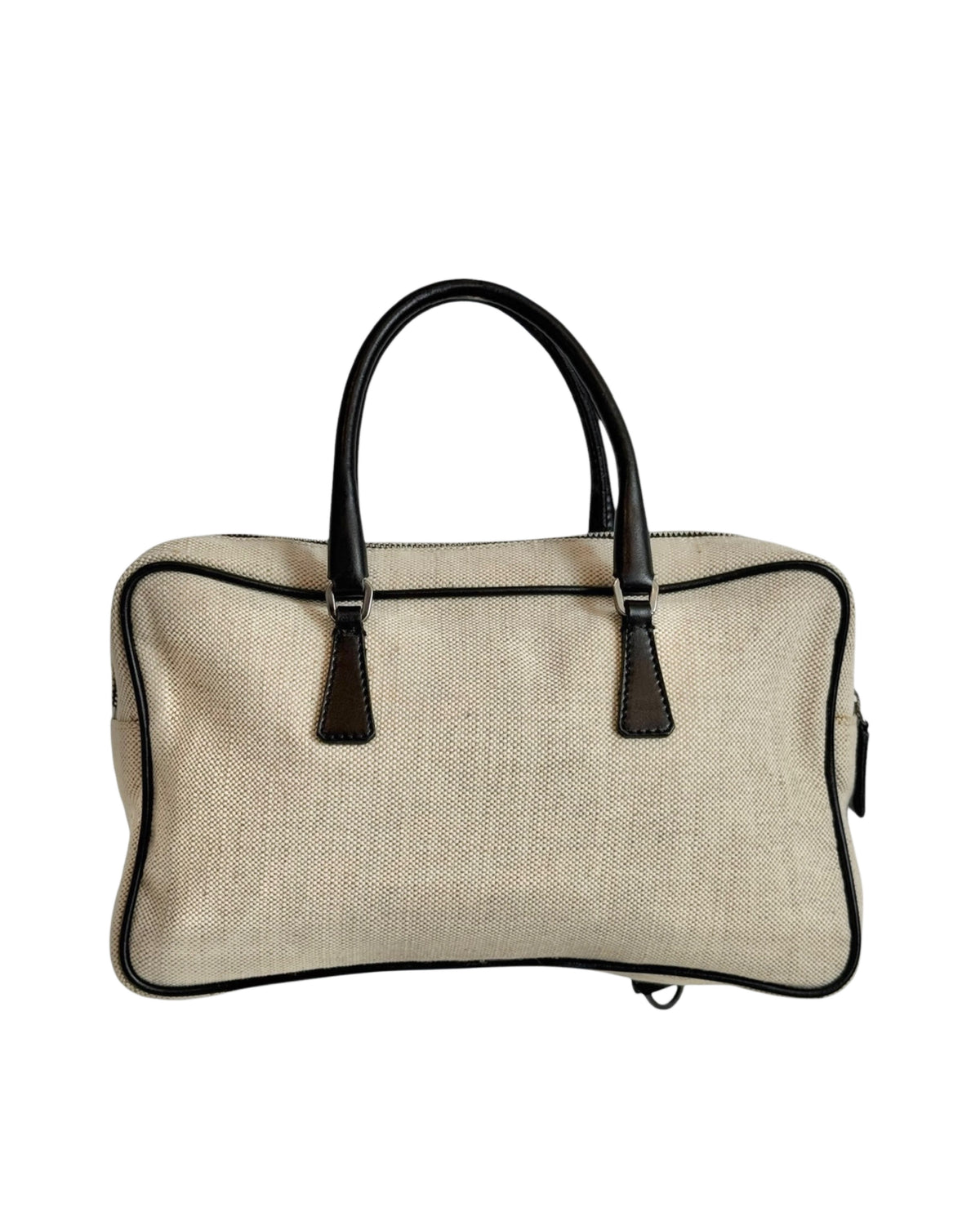 Prada Vintage Gray Canvas Scamosciato Grommet Top Handle Bag with Black Leather Trim