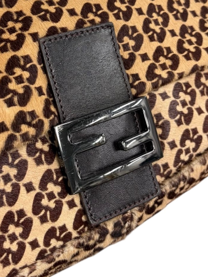 Fendi Vintage Light Beige Brown Geometric Print Pony Hair Shoulder Mamma Baguette Bag