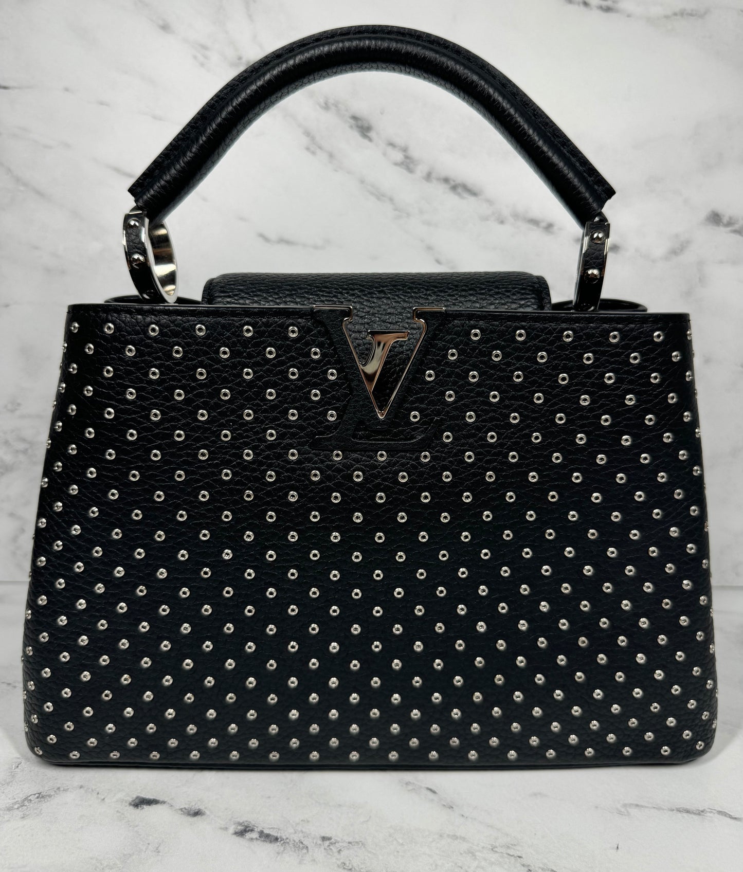 Louis Vuitton Black Taurillon Leather Silver Studded Capucines BB