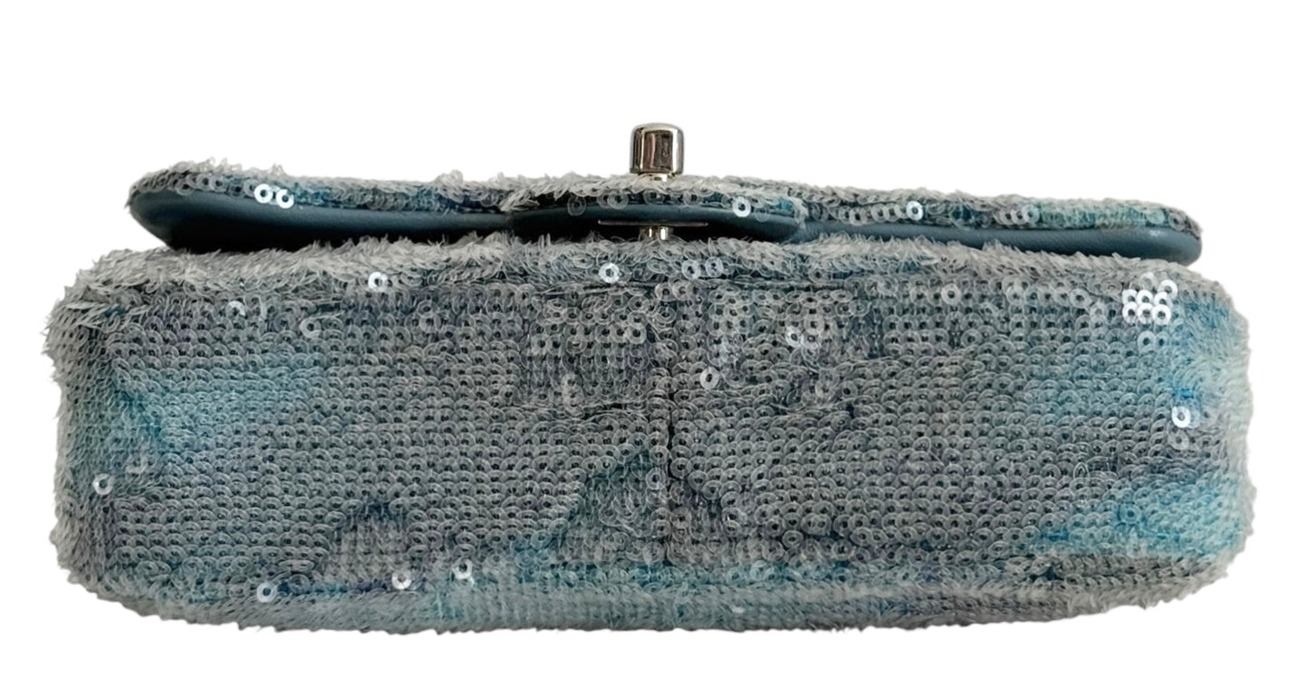 Chanel 2018 Blue Sequin Waterfall Mini Rectangular Classic Flap Bag