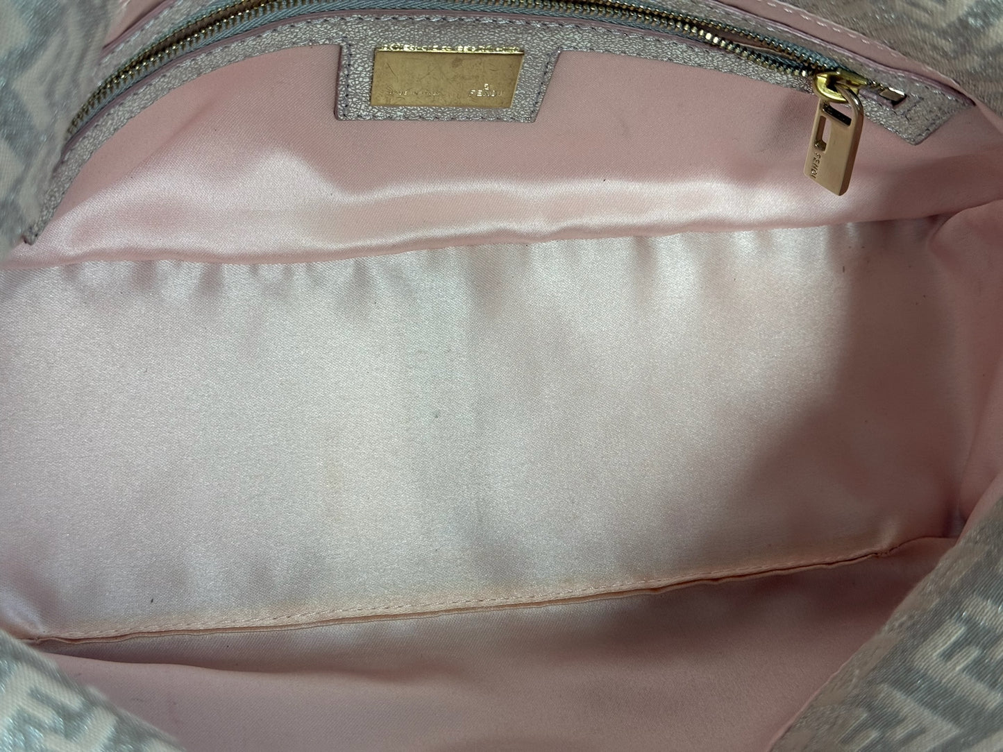 Fendi Vintage Light Pink Metallic Silver Glitter Zucca Monogram Double Flap Shoulder Baguette Bag
