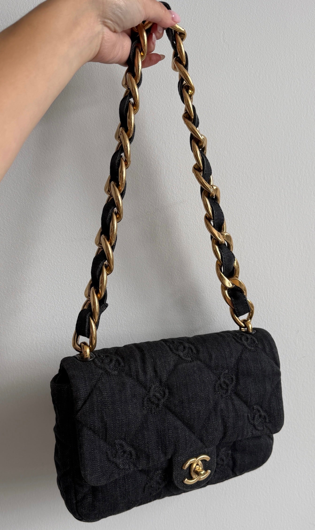 Chanel Black CC Embossed Quilted Denim Funky Town Flap Bag with Aged Gold Hardware