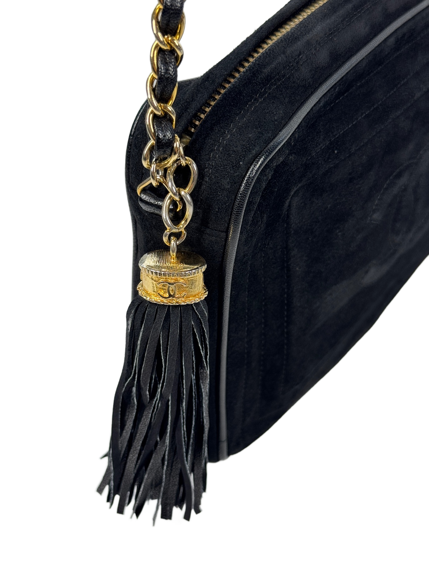 Chanel Vintage 80s Black Suede CC Logo Tassel Shoulder Camera Bag w 24K Gold Plated Hardware