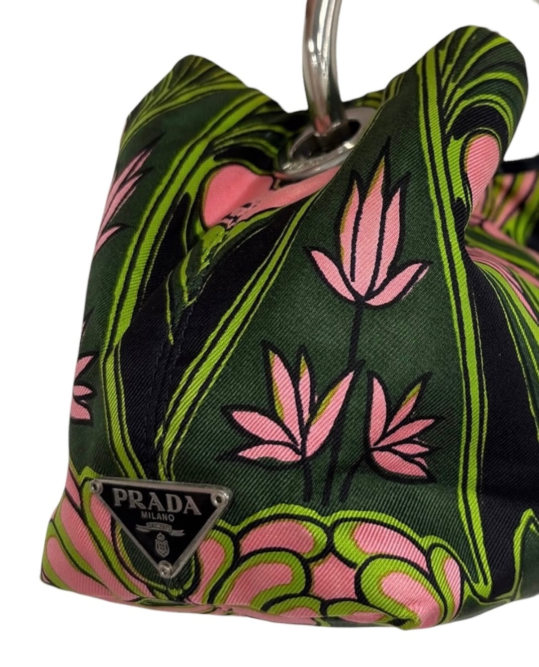 Prada Vintage Holliday & Brown London Green and Pink Twill Floral Tulipano Metal Top Handle Mini Bracelet Bag