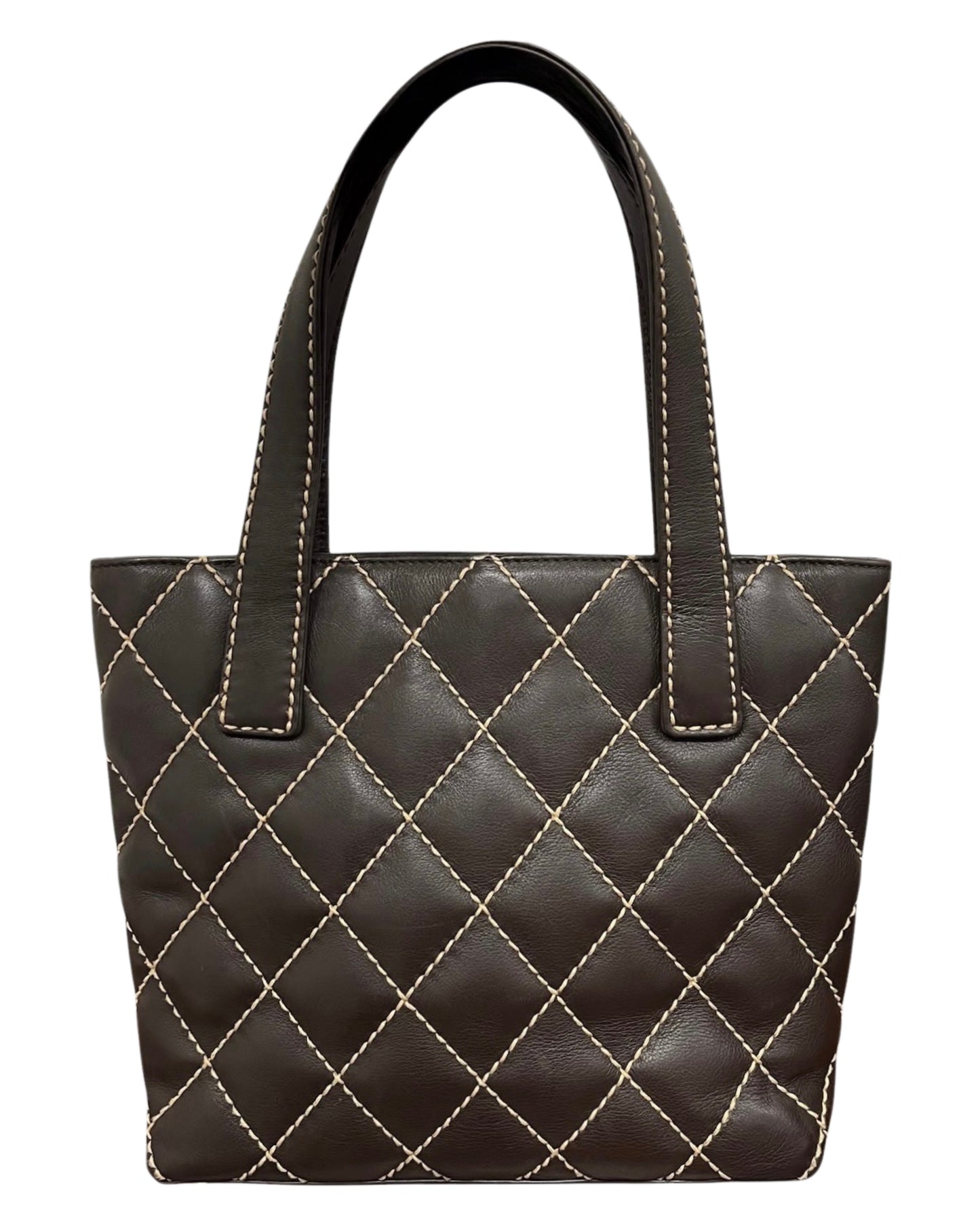 Chanel Vintage 00s Dark Brown Wild Stitch Quilted Lambskin Small Shoulder Tote 
