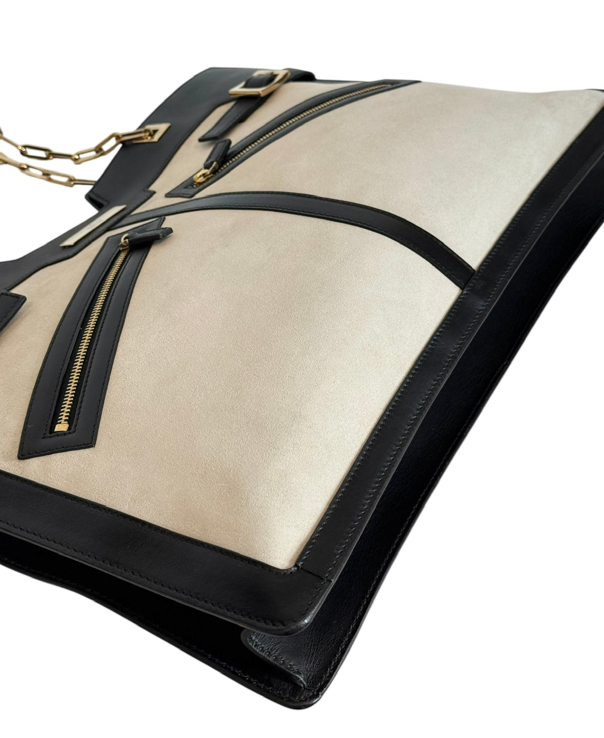 Gucci Vintage Beige Suede Black Leather Chain Link Medium Shoulder Tote Bag