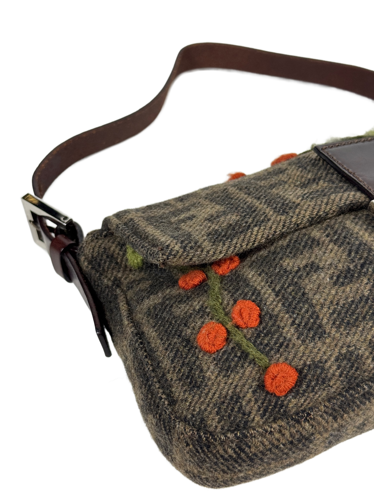 Fendi Vintage Brown Wool Zucca Monogram Cherry Embroidered Shoulder Baguette Bag