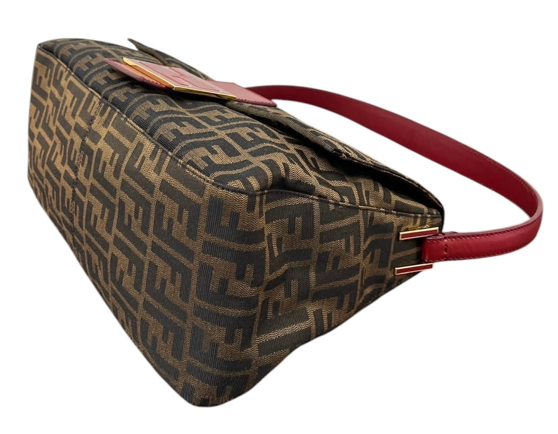 Fendi Vintage Brown Zucca Monogram Canvas Red Leather Trim XL Jumbo Mamma Baguette Shoulder Bag