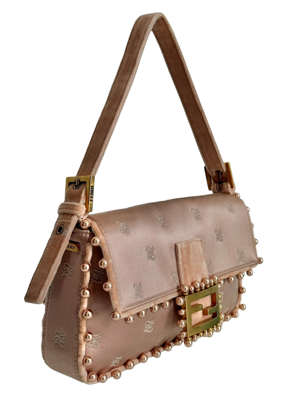 Fendi 1997 Re-Edition 25 Year Anniversary Blush Pink Embroidered Silk Logo Pearl Trim Shoulder Baguette Bag with Velour Trim
