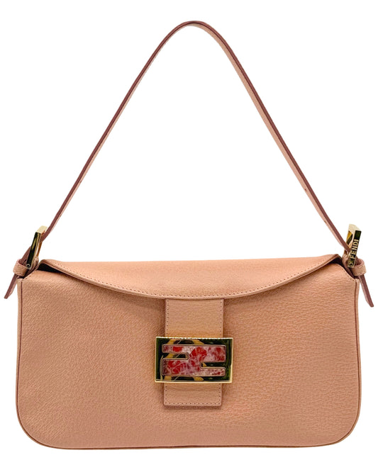 Fendi Vintage Light Pink Coral Leather Quartz Logo Double Flap Shoulder Baguette Bag