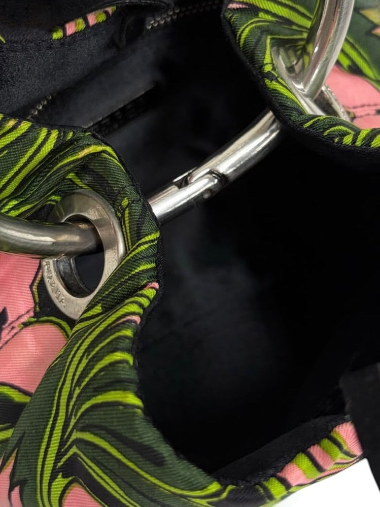 Prada Vintage Holliday & Brown London Green and Pink Twill Floral Tulipano Metal Top Handle Mini Bracelet Bag