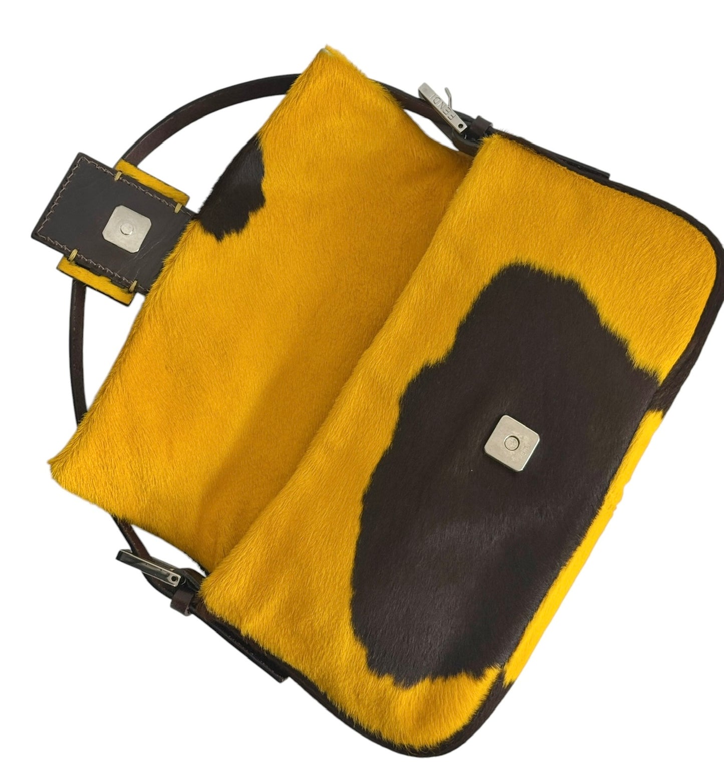 Fendi Vintage Yellow Cow Print Pony Hair Shoulder Baguette Bag