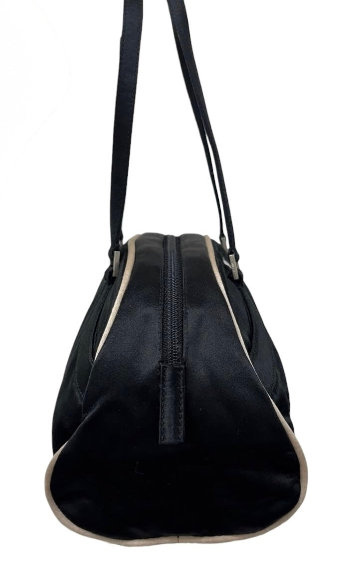 Prada Vintage Black Satin White Trim Mini Bowler Shoulder Pochette Bag