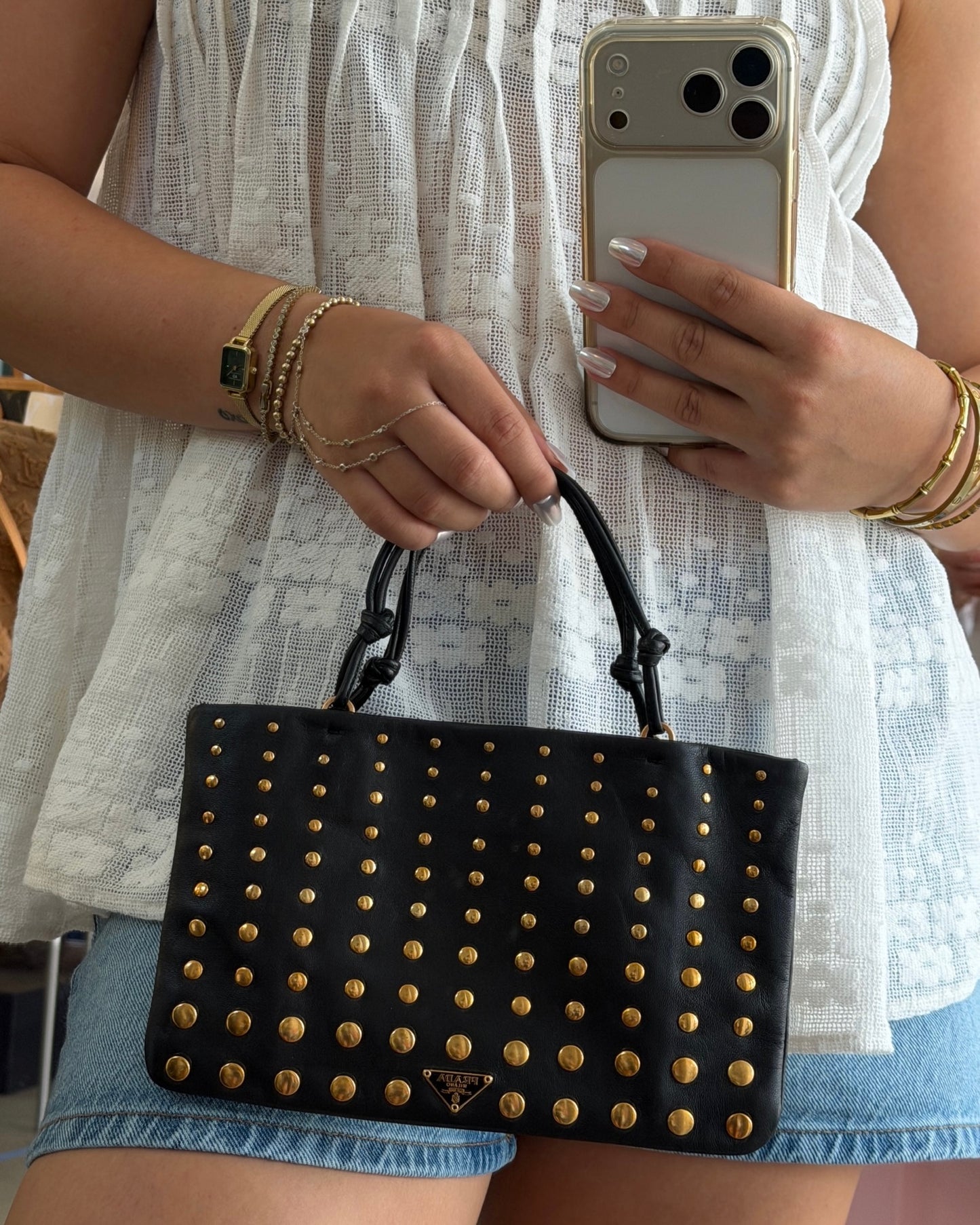 Prada Vintage Black Lambskin Gold Studded Mini Top Handle Pochette