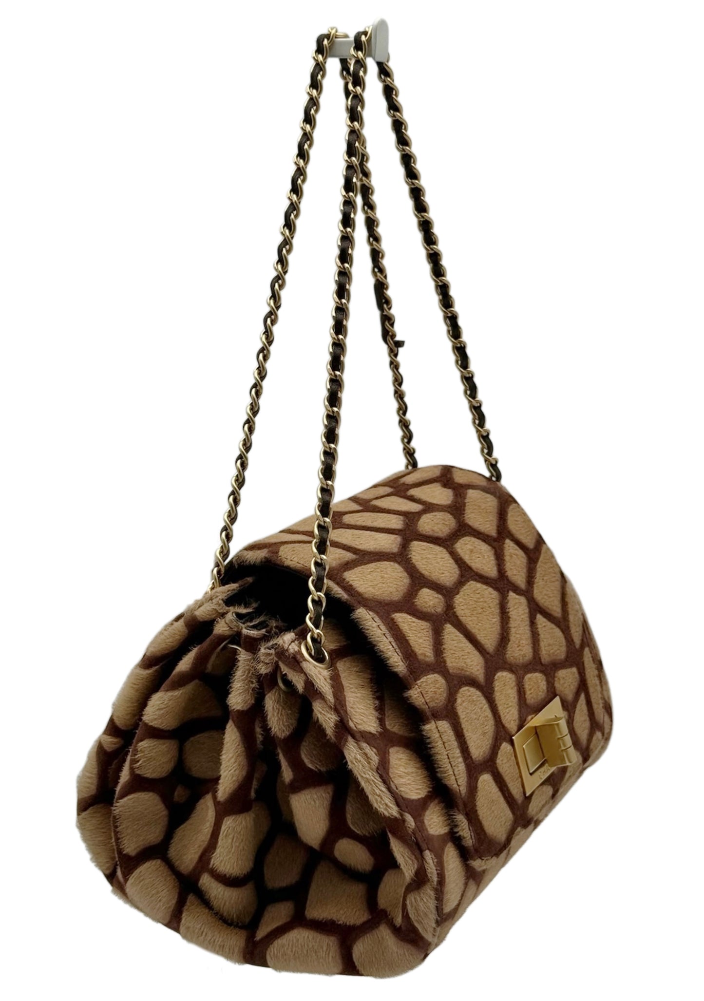 Chanel Vintage 00s Beige & Brown Giraffe Print Pony Hair Logo Reissue Turnlock Mini Top Handle Flap Bag