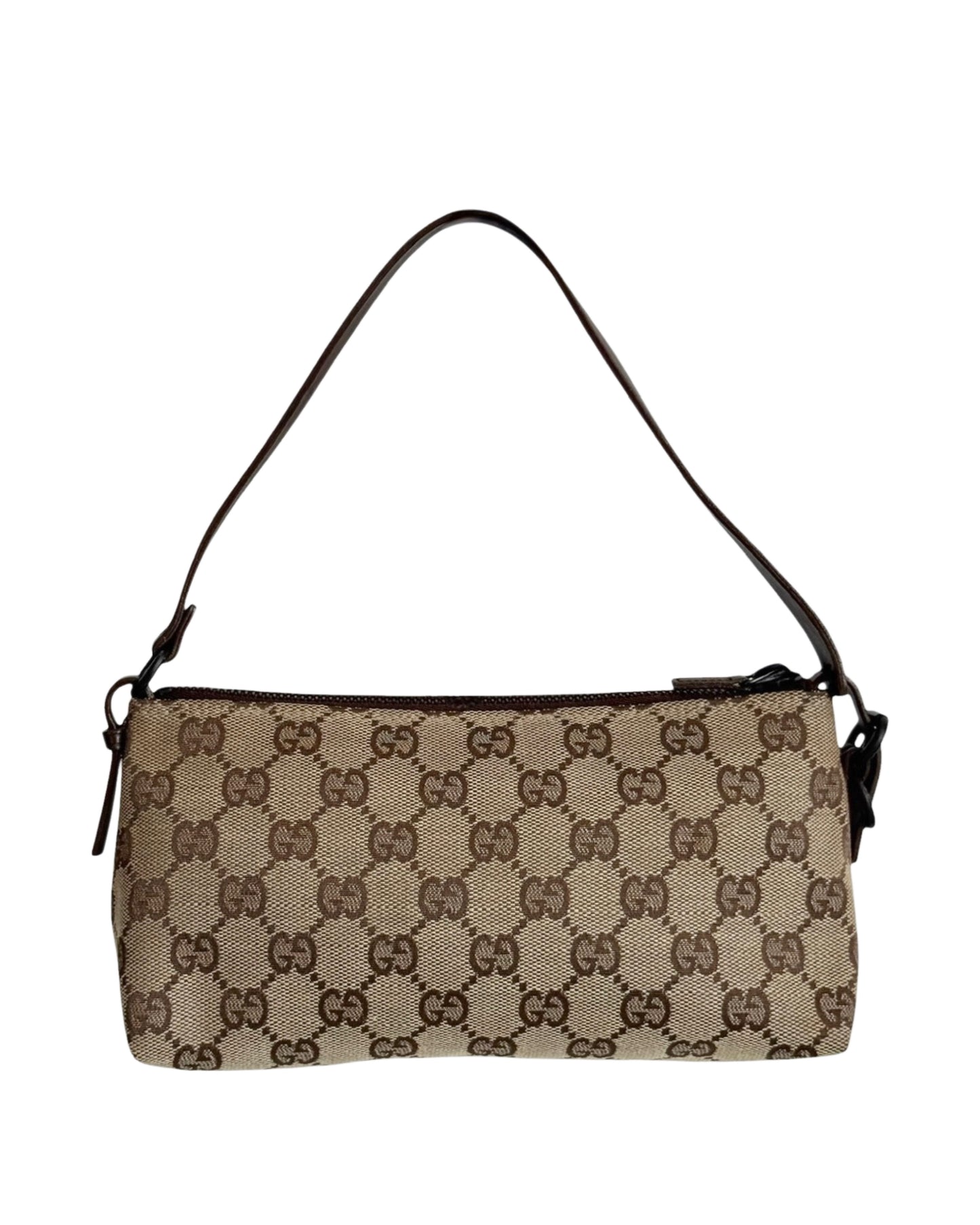 Gucci Vintage Brown GG Monogram Small Pochette Shoulder Bag with Dark Brown Leather Trim