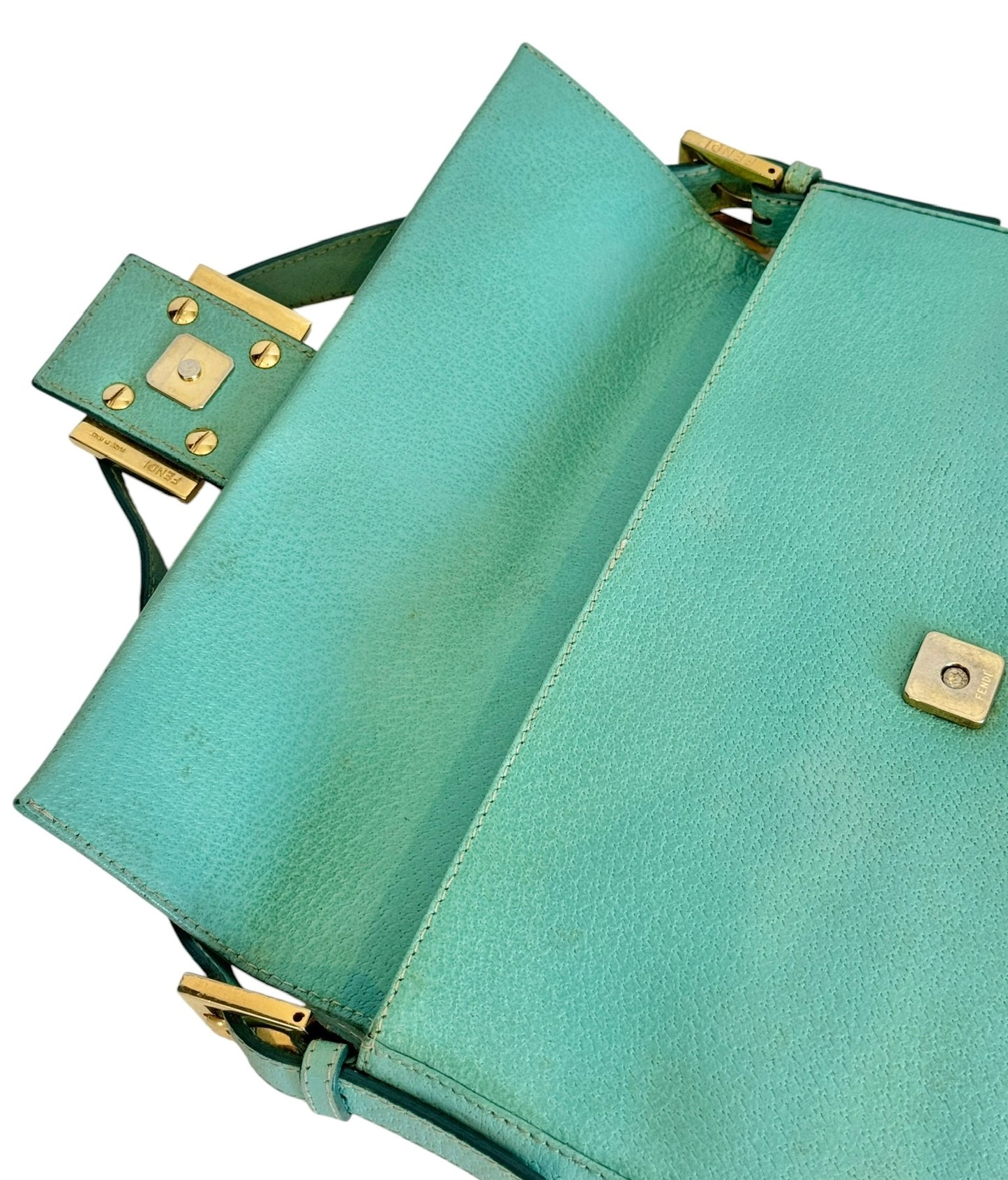 Fendi Vintage Blue Pebbled Leather Quartz Logo Shoulder Baguette Bag