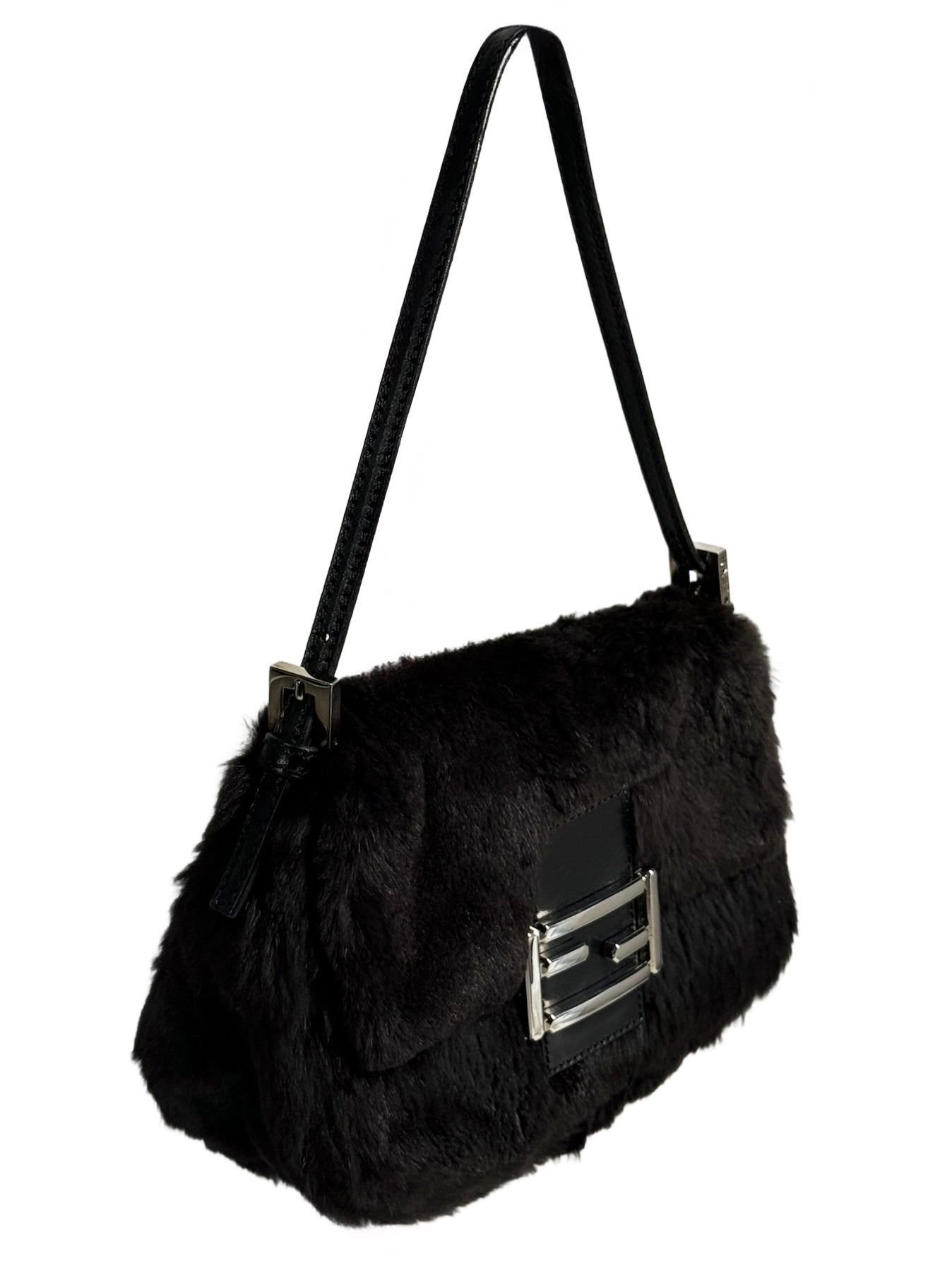 Fendi Vintage Black Rabbit Fur Mini Mamma Baguette Shoulder Bag