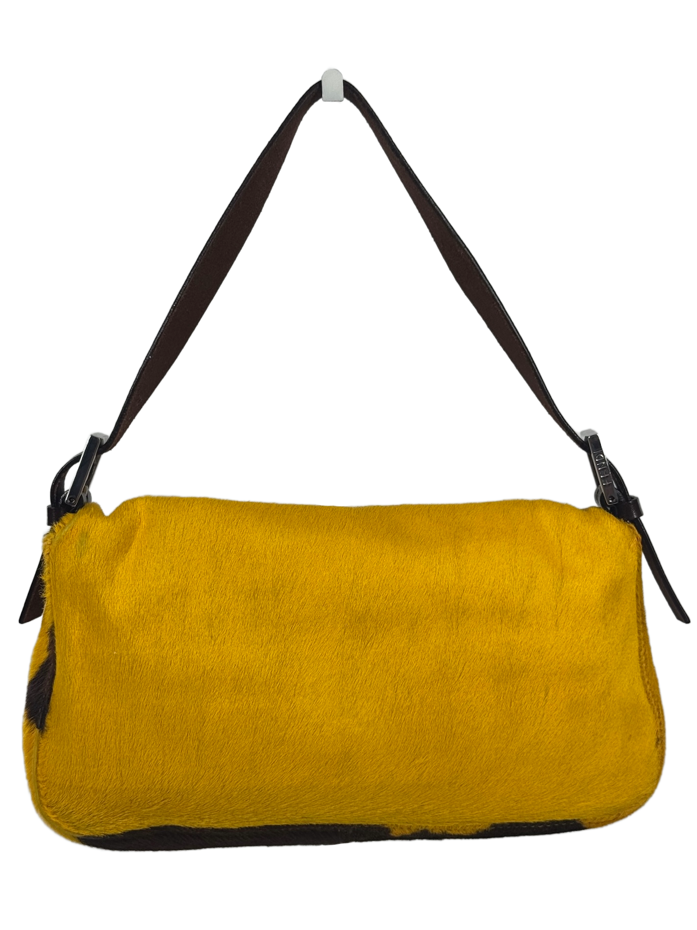 Fendi Vintage Yellow & Brown Cow Print Pony Hair Shoulder Baguette Bag