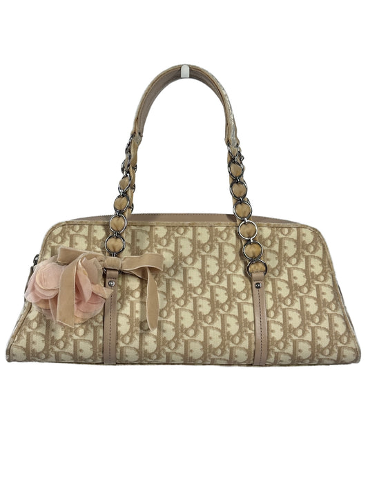Dior Vintage 2005 Beige Diorissimo Monogram Canvas Romantique Velvet Bow Pink Flower East West Shoulder Bag