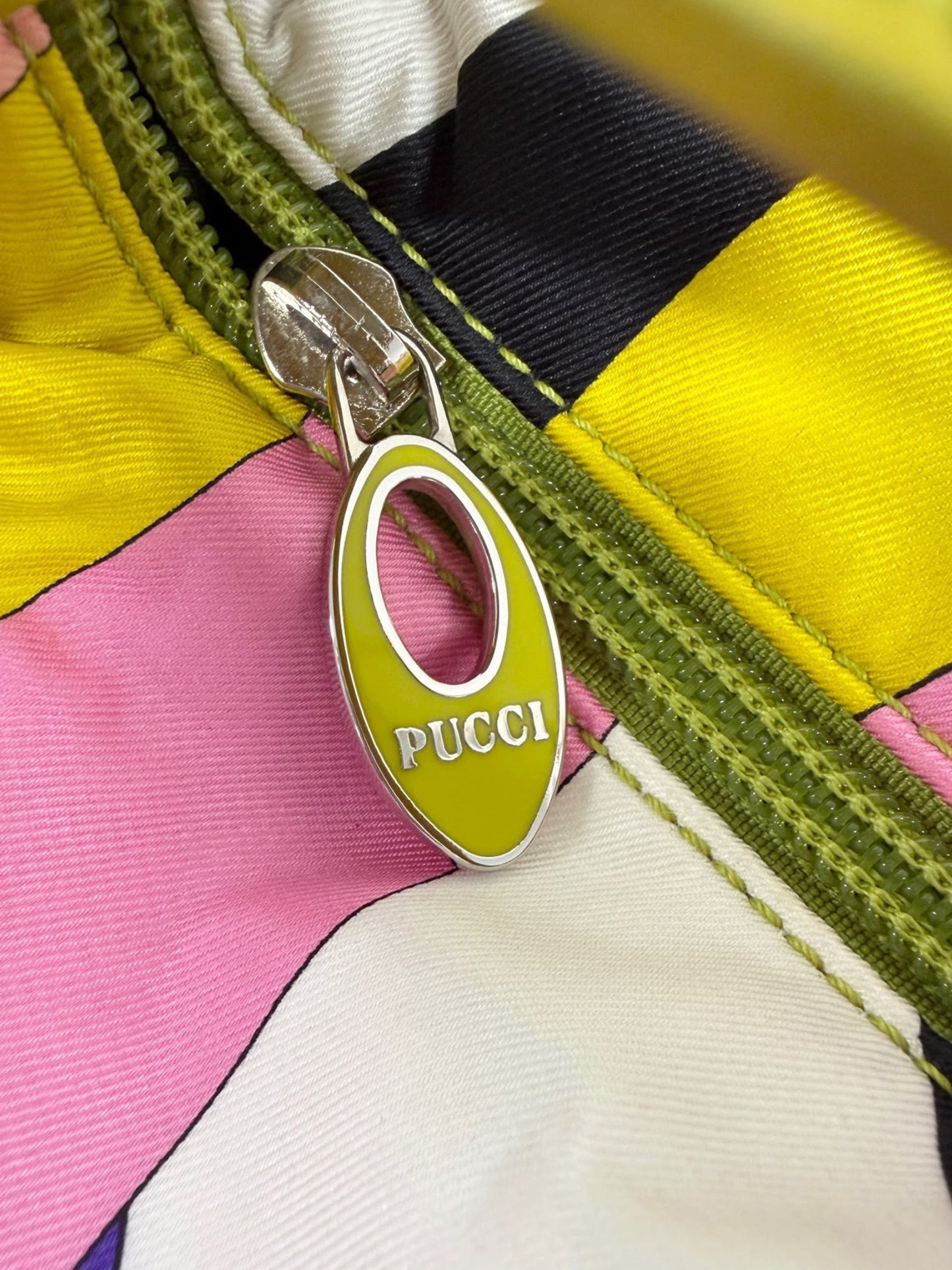 Pucci Vintage Yellow Pink & Purple Satin Mini Cosmetic Top Handle Pochette Bag