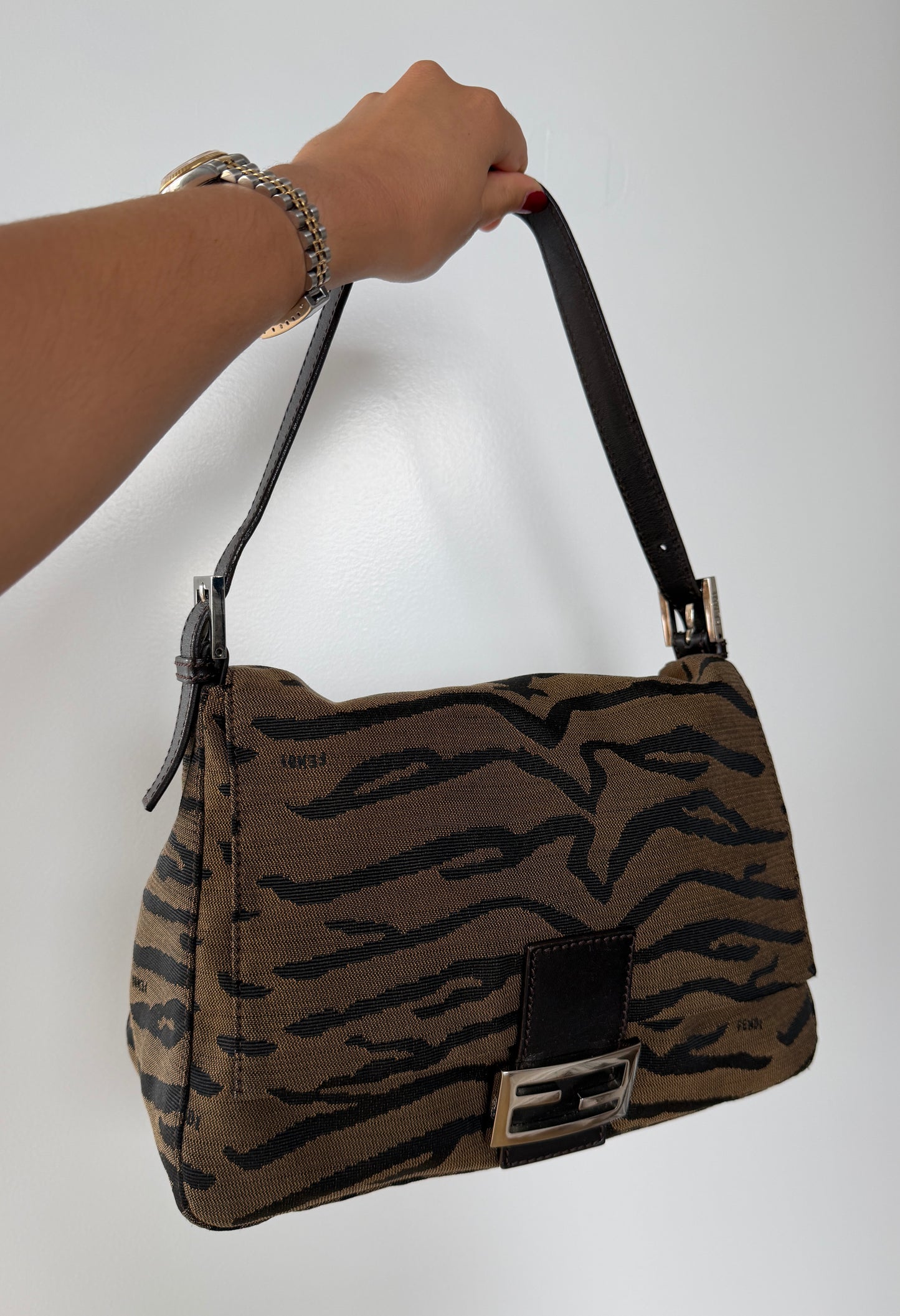 Fendi Vintage Brown & Black Zebra Print Canvas Mamma Baguette Shoulder Bag