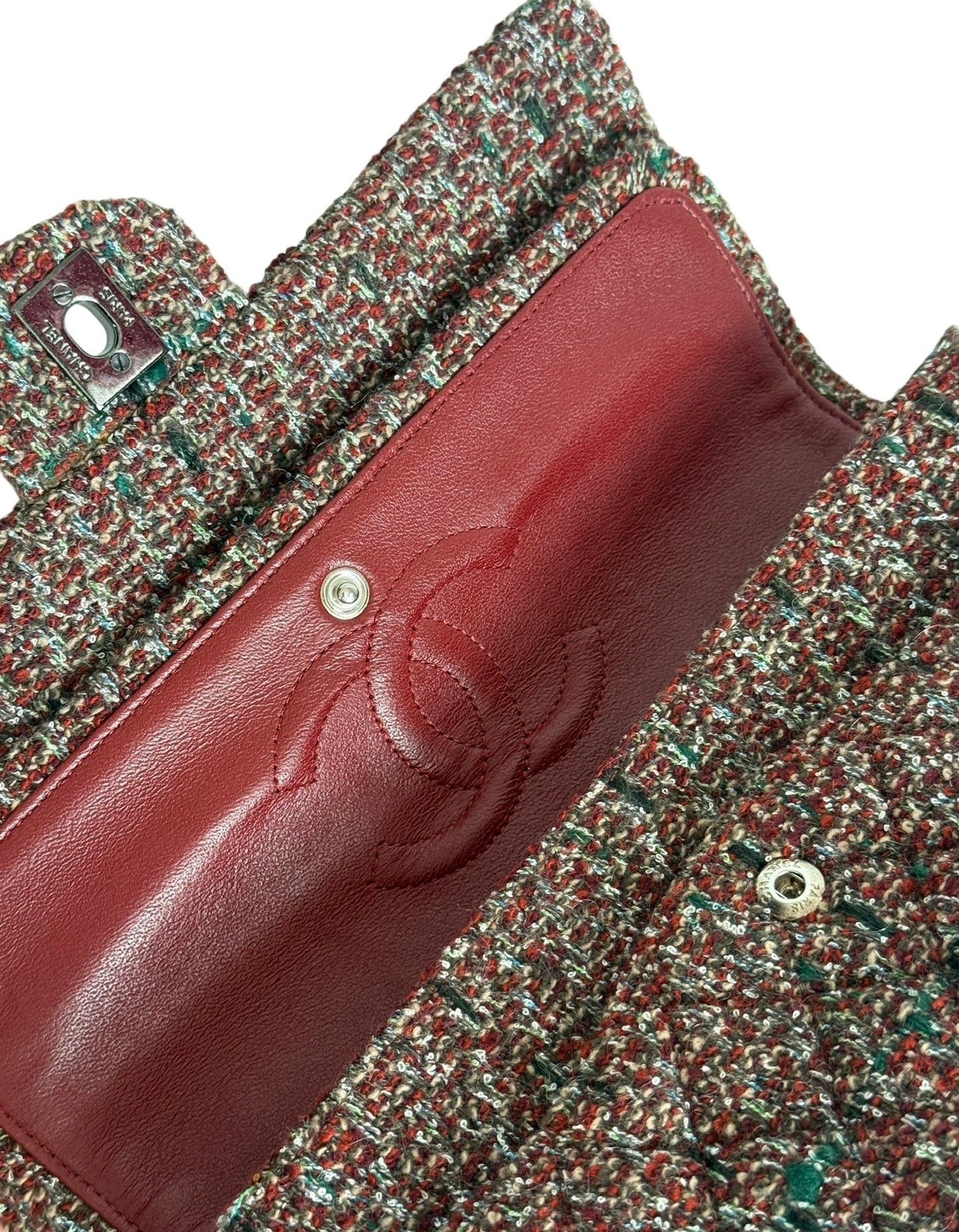 Chanel Multicolor Burgundy Tweed Classic Medium Double Flap Bag with Ruthenium Hardware