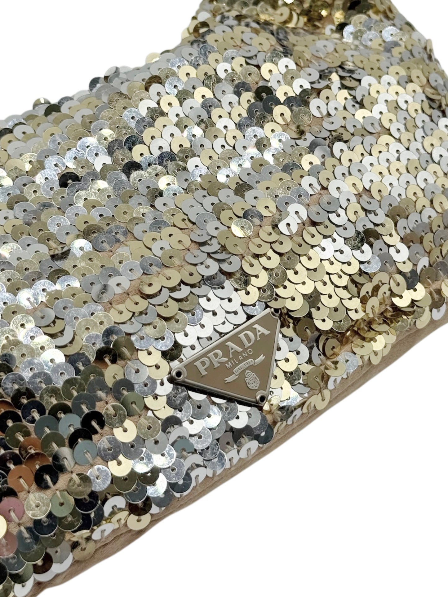Prada Vintage Gold & Silver Metallic Sequin Satin Evening Shoulder Bag with Mirror