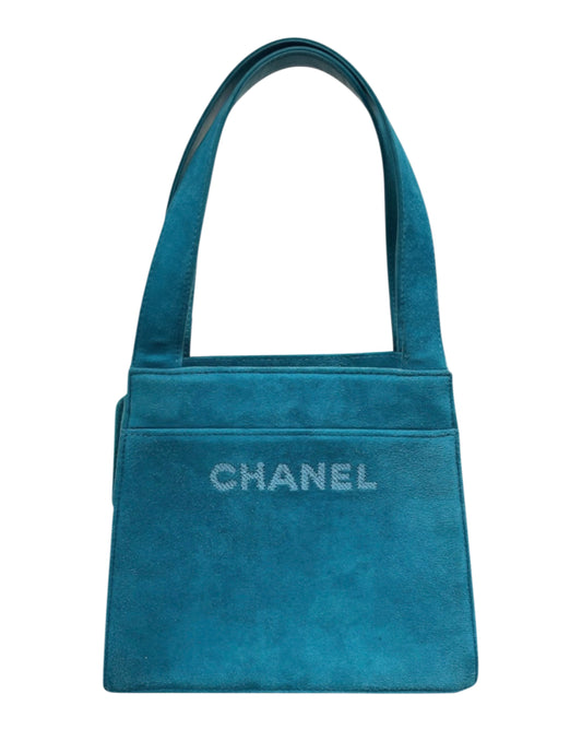 Chanel Vintage 90s Turquoise Blue Suede Logo Small Kelly Top Handle Bag 