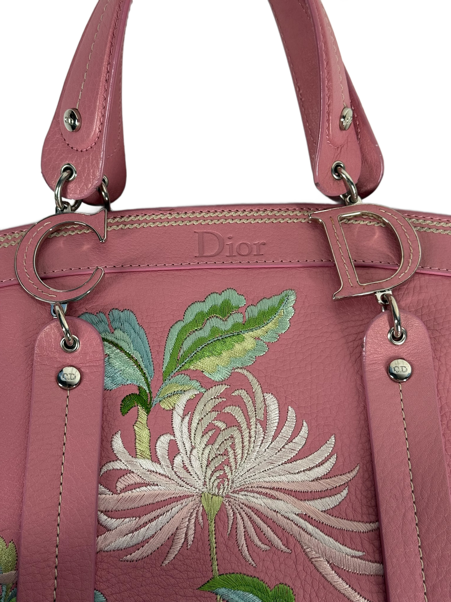 Dior Vintage 2005 Pink Embroidered Floral Leather Small Top Handle Tote Bag