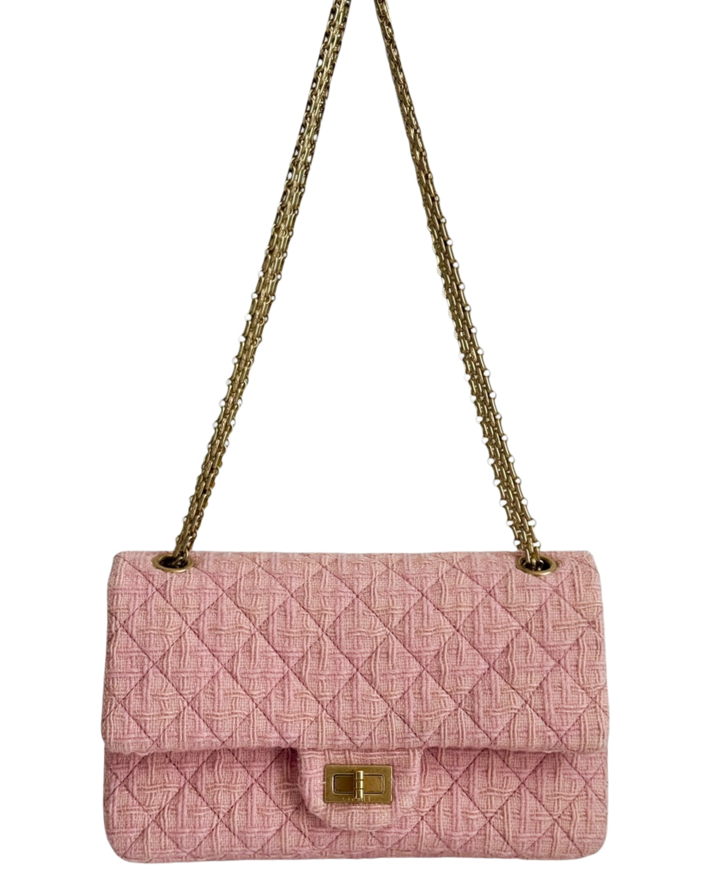 Chanel Light Pink Tweed 2.55 Reissue Medium Double Flap Bag with Aged Gold Hardware