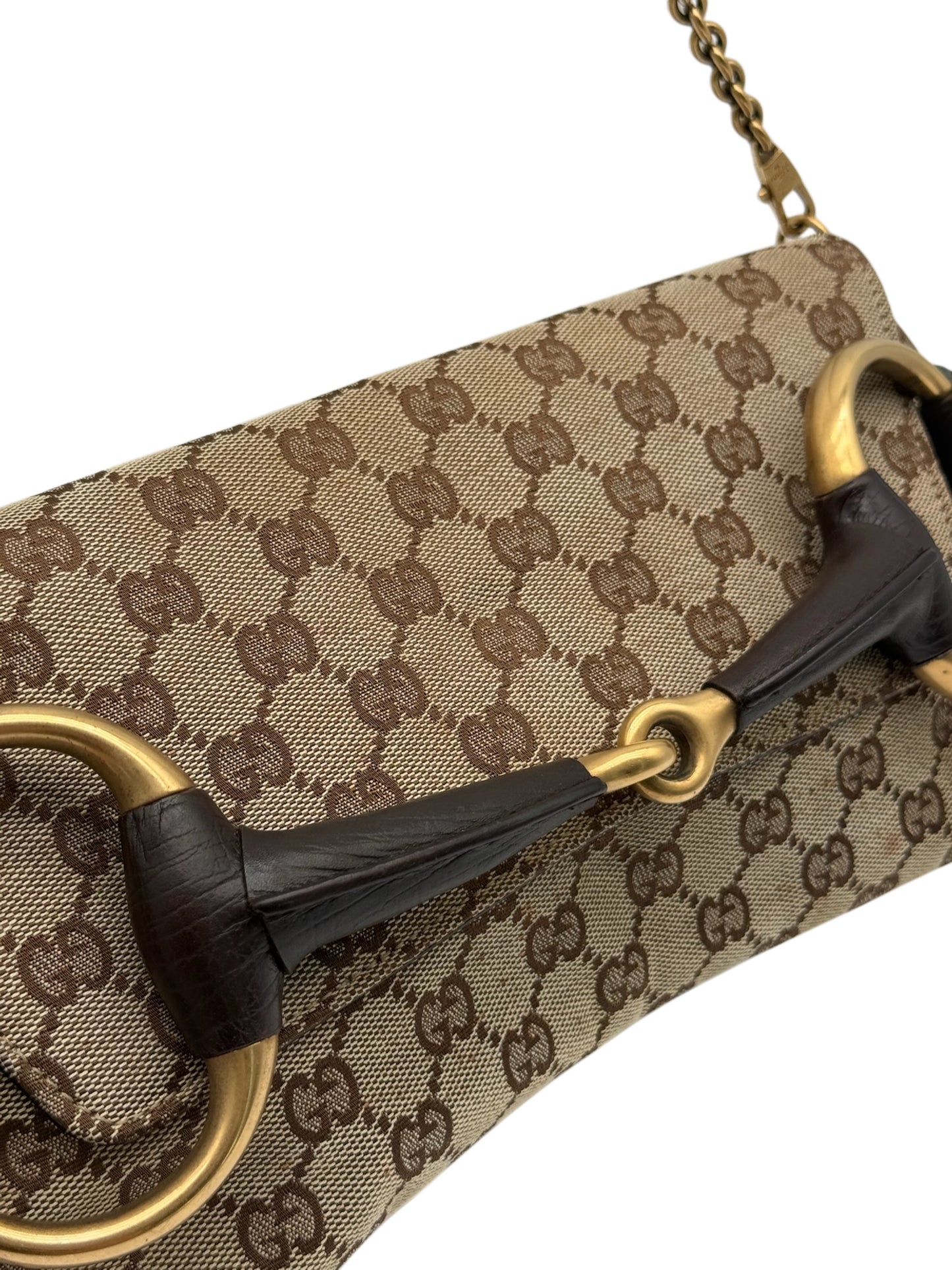 Gucci Vintage Brown GG Monogram Large Horsebit Shoulder Clutch Pochette Bag
