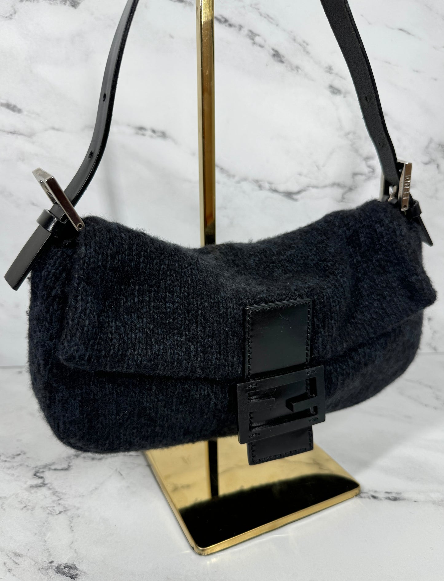 Fendi Vintage Dark Gray & Black Wool Knit Baguette Shoulder Bag