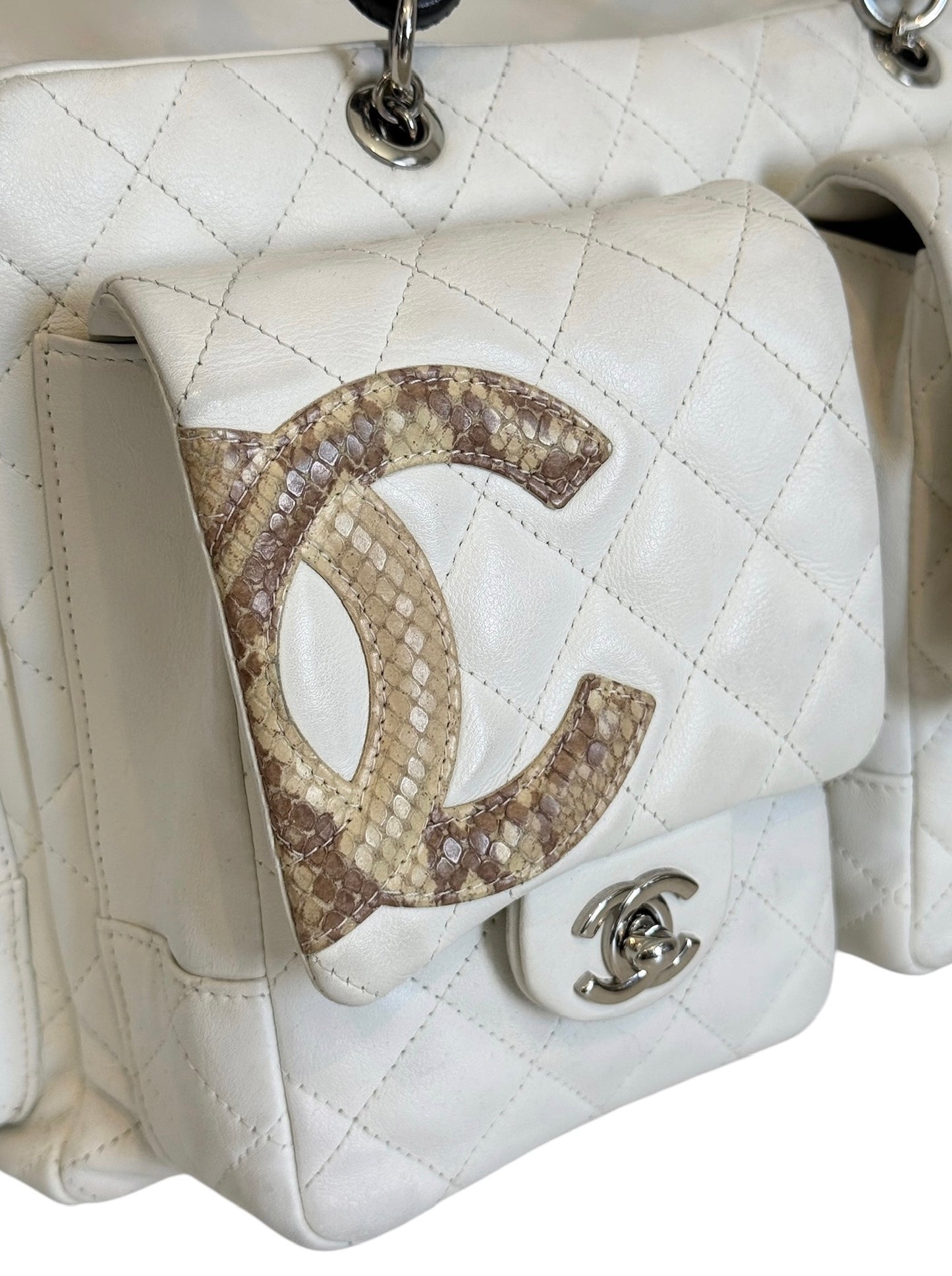 Chanel Vintage 00s White Quilted Lambskin Python CC Cambon Large Reporter Shoulder Bag