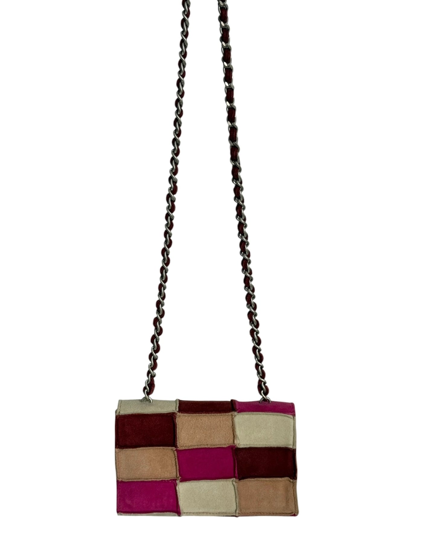 Chanel Vintage 90s Light Brown and Pink Patchwork Suede Crystal CC Logo Micro Mini Flap Crossbody Bag 