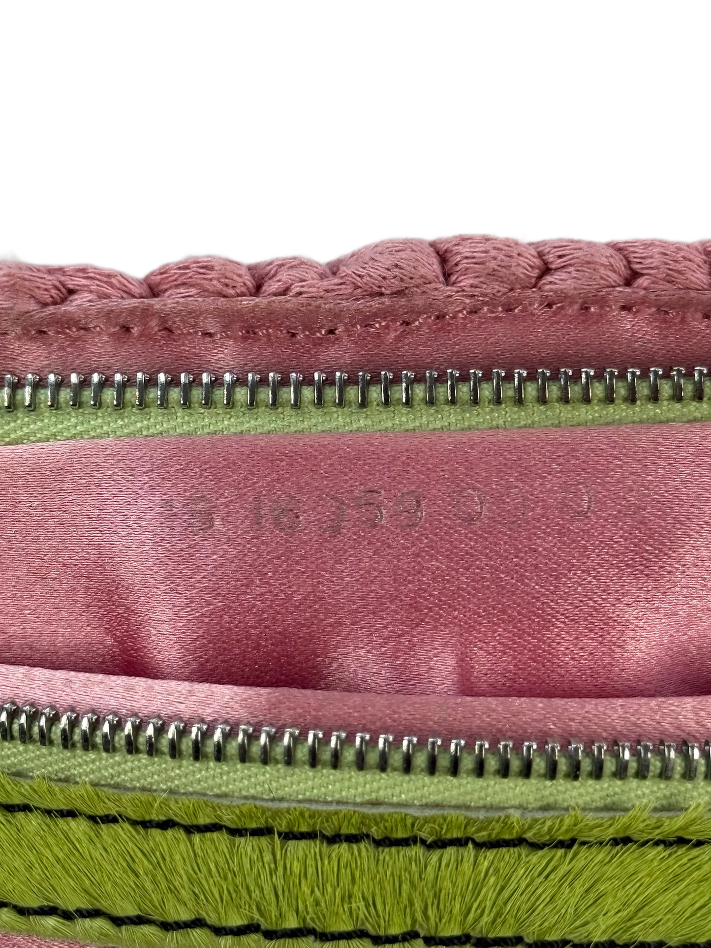 Fendi Vintage Pink Knit Crochet Floral Embroidered Green Cow Print Pony Hair Trim Shoulder Baguette Bag