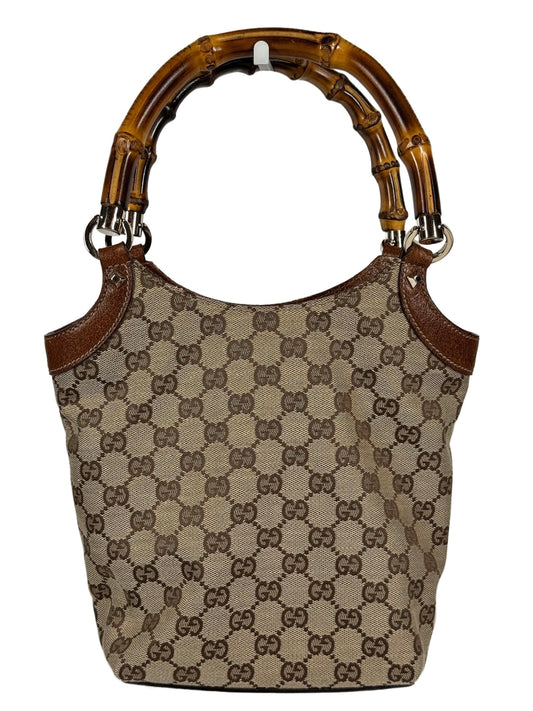 Gucci Vintage Brown GG Monogram Canvas Brown Leather Trim Bamboo Top Handle Bucket Bag