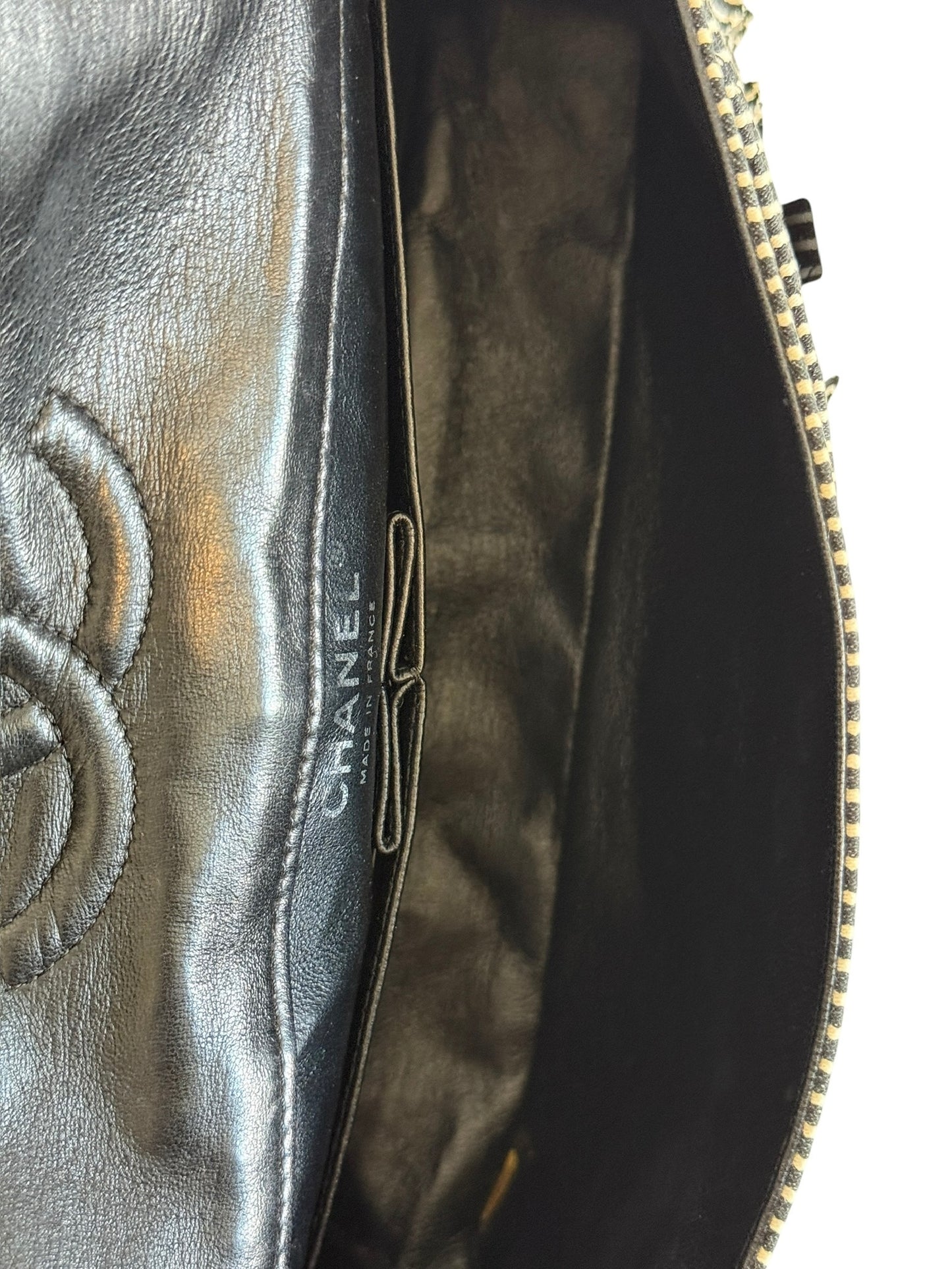 Chanel Vintage 2008 Black & White Striped Quilted Canvas Sequin Medium Classic Double Flap Bag