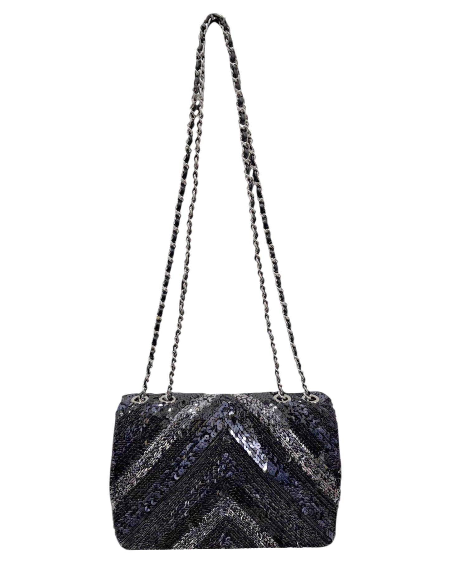 Chanel 2016 Black & Navy Blue Chevron Sequin Mini Rectangular Shoulder Flap Bag