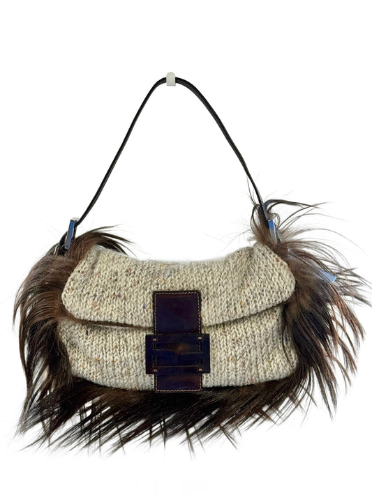 Fendi Vintage Multicolor Wool Knit Crochet Hair Trim Shoulder Baguette Bag